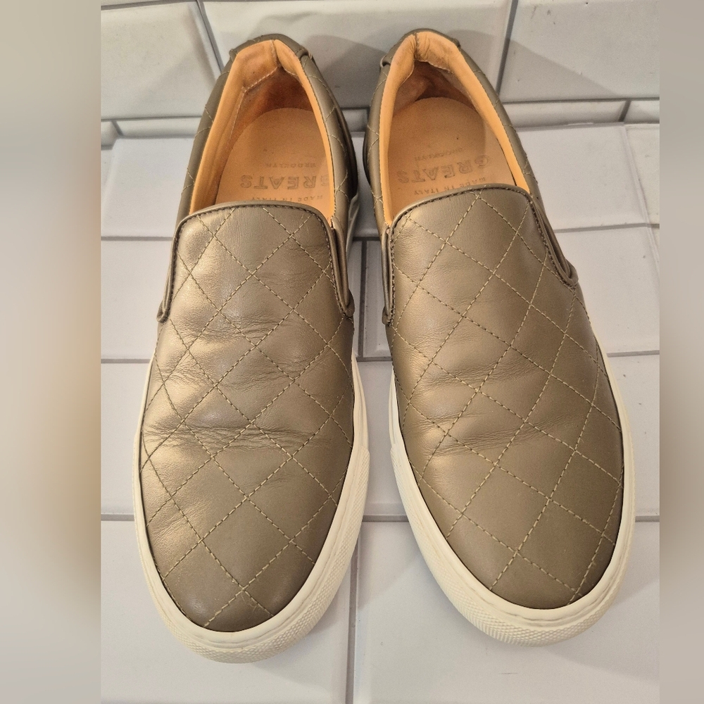 Greats Brooklyn Made In Italy Ladies Quilted Leather Slip On Sneaker  Color Taup